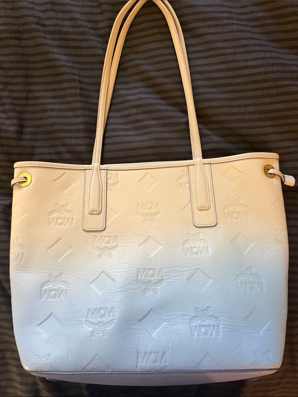 MCM Ombre Leather Tote in Cream and Light Blue